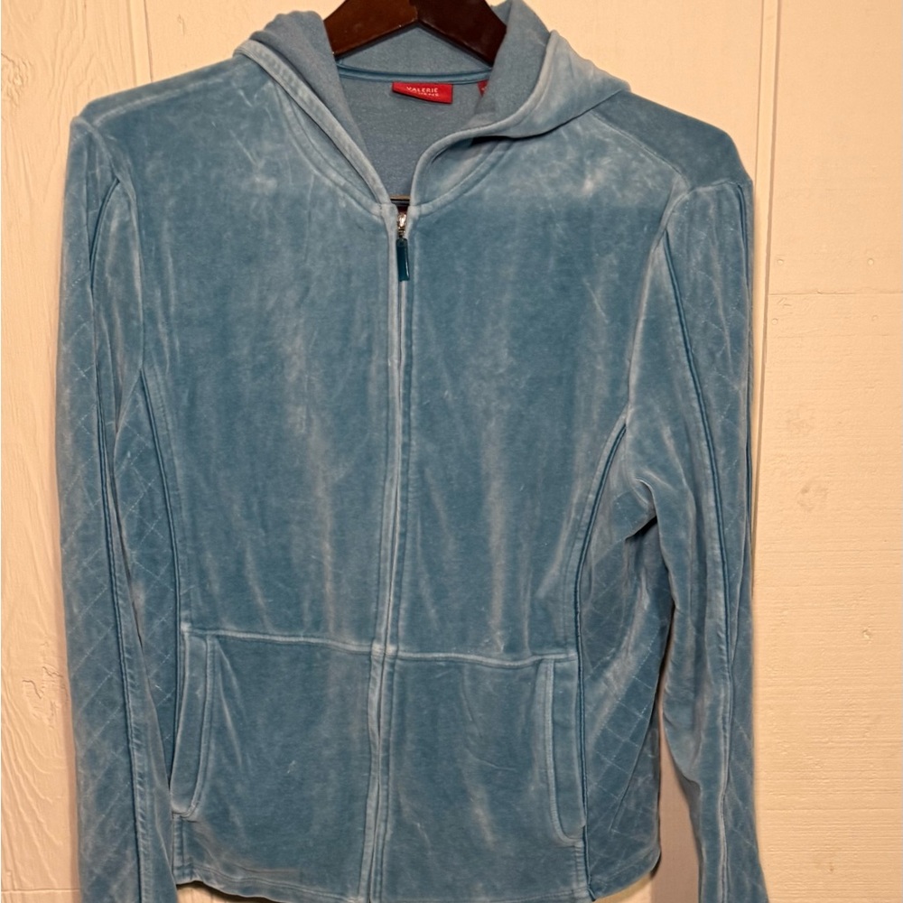 Valerie Steven’s Baby Blue Velour Zip-Up Hoodie Vintage Size Small Women’s